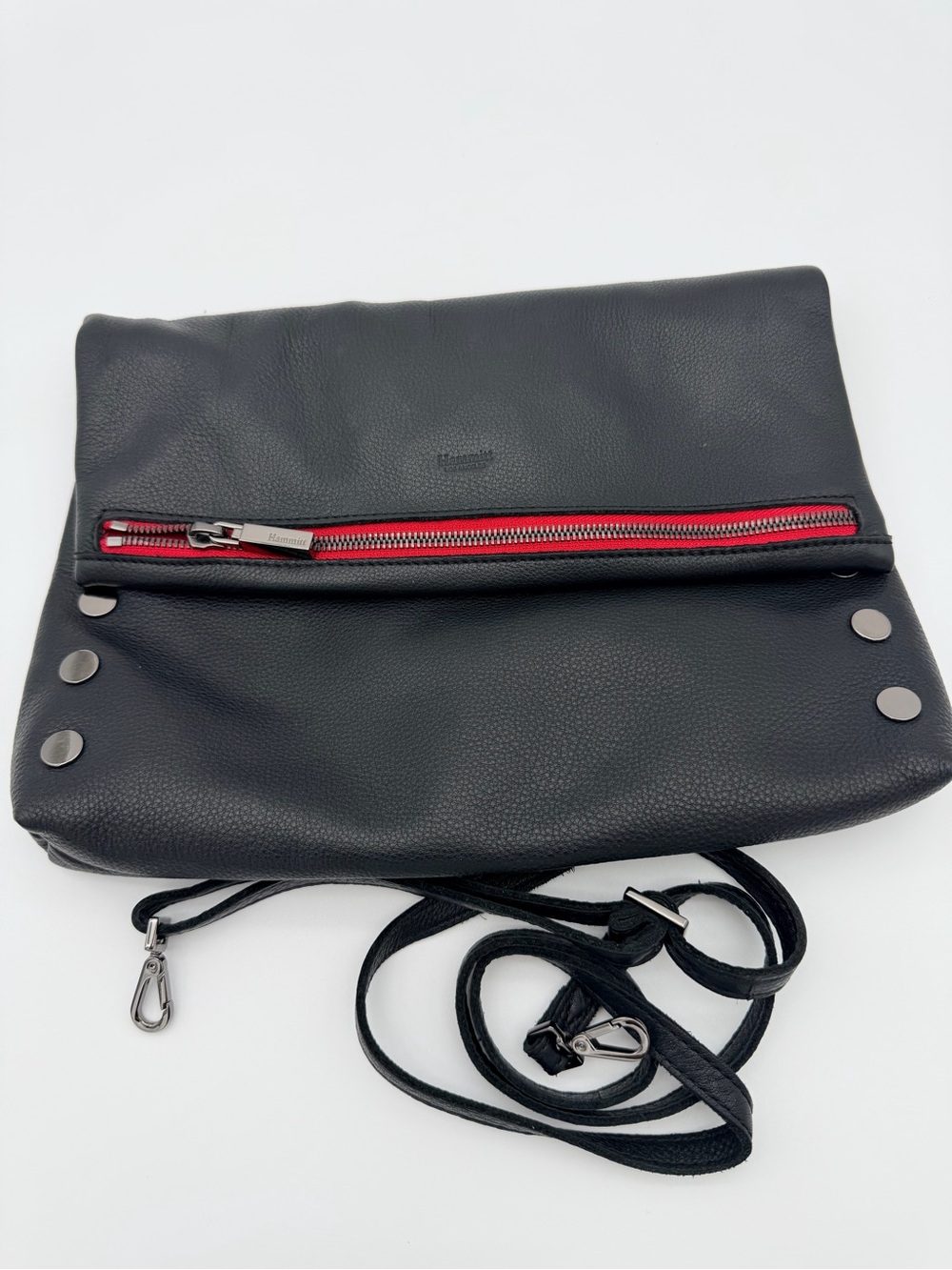 Hammett VIP Large Black Fold over Crossbody Clutch Red Zipper